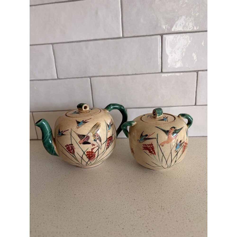 ANTIQUE SATSUMA KINKOSAN TEAPOT AND SUGAR BOWL